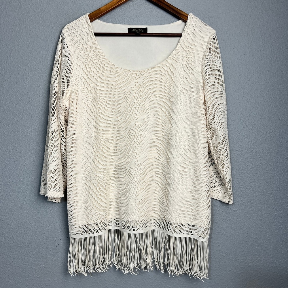 Melissa Paige‎ Cream Crochet Fringe Top Petite Large Boho Knit Festival Cover Up